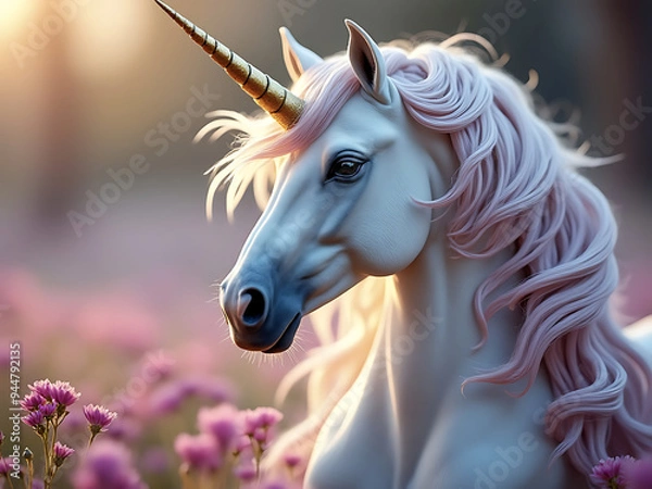 Fototapeta Beautiful mystical magical  White Pink Unicorn UpClose 