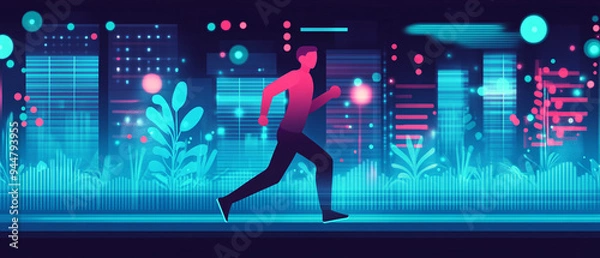 Fototapeta A vibrant illustration of a person running through a futuristic cityscape, showcasing energy and movement amid glowing elements.