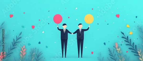 Fototapeta Two men in suits joyfully holding colorful balloons against a vibrant backdrop, symbolizing celebration and partnership.