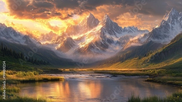Fototapeta Majestic Mountain Range with River and Sunset Sky