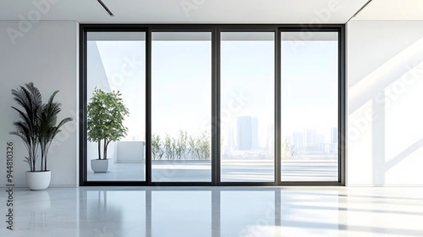 Obraz 55. **A contemporary French window with a large glass area and slim metal frame, rendered on a pristine white background.
