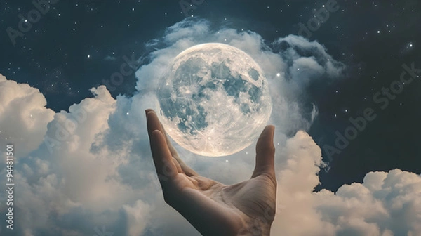 Fototapeta A surreal image of a clear transparent full moon being held by a giant hand emerging from the clouds