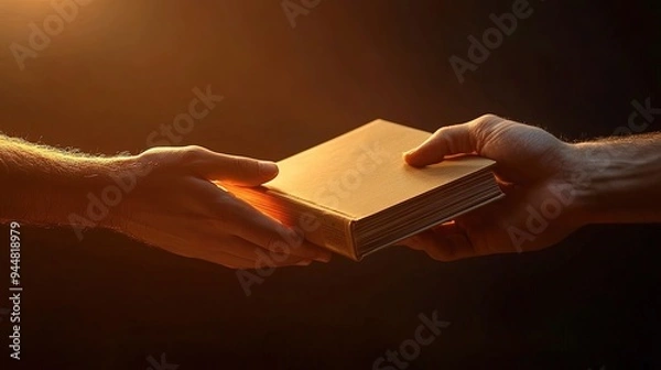 Obraz Hands exchanging a book, passing on knowledge, warm ambient light