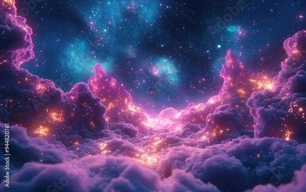 Fototapeta Immerse yourself in the cosmic wonders through this 3D cartoon rendering showcasing twinkling stars and mesmerizing nebulae that reveal the infinite beauty of the universe Explore breathtaking cel