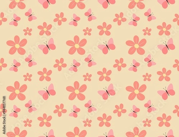 Fototapeta A charming seamless pattern featuring classic floral elements Perfect for holiday-themed designs, wrapping paper, textiles, and festive decorations. The pattern captures the joyful spirit of floral, w