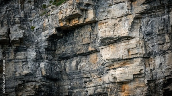Fototapeta Close-up of a Gray and Tan Rock Face with Cracked and Layered Textures