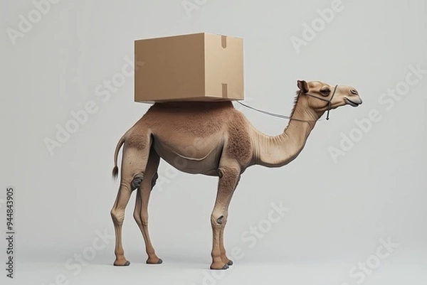 Obraz Camel Carrying a Package: A single camel, rendered in a photorealistic style, stands against a simple white background, carrying a large cardboard box on its back. The image evokes a sense of strength