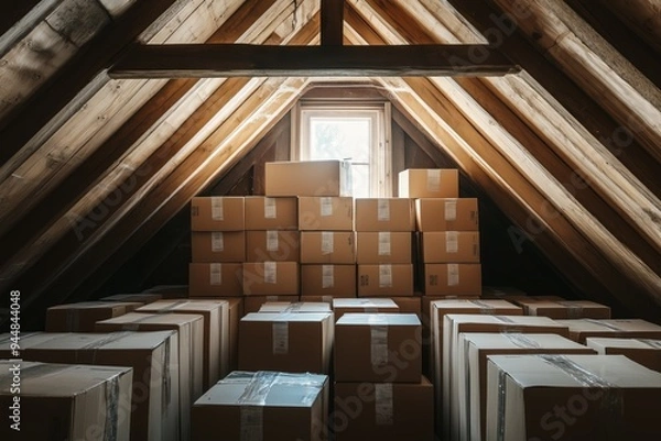 Obraz Dusty Attic: Boxes stacked high in a cluttered attic. Sunlight streams through a small window, casting long shadows on the dusty floor.  
