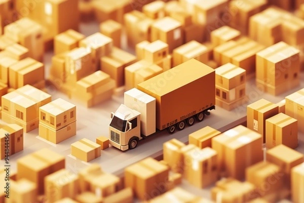 Obraz Delivery Truck in a Sea of Cardboard: A miniature truck navigates through a vast, intricate landscape of cardboard boxes, symbolizing the logistical challenges and efficiency of modern shipping.