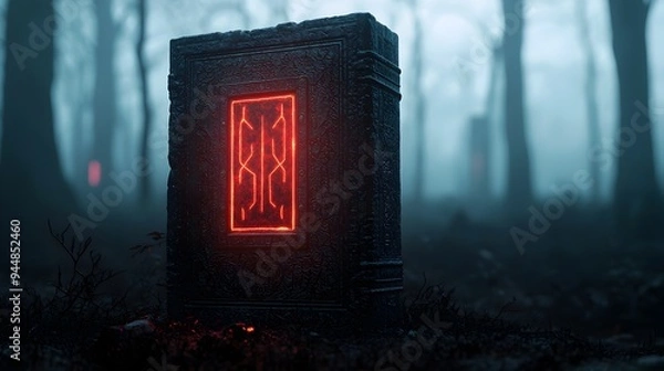 Obraz Mysterious Magical Quest with Glowing Runes and Enchanted Ancient Tome in Foggy Forest