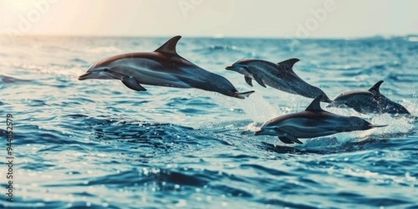 Fototapeta Pod of dolphins navigating and jumping through the sea