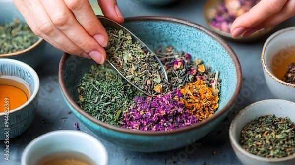 Obraz Hands Carefully Blending Fragrant Herbal Tea in Vintage Setting