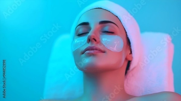 Obraz Serene Woman Applying Rejuvenating Gel Mask in Futuristic Spa Setting