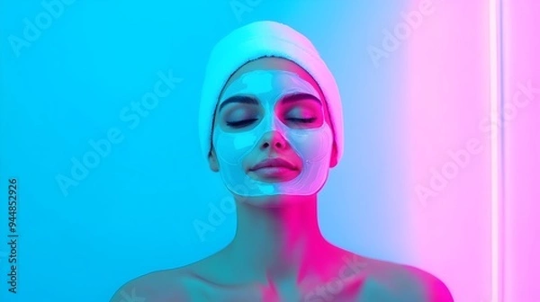 Obraz Serene Woman Applying Rejuvenating Cooling Gel Mask in Futuristic Spa Setting