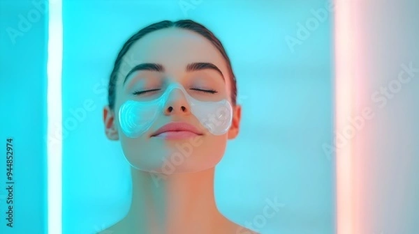 Obraz Serene Woman Applying Rejuvenating Gel Mask in Futuristic Spa Setting