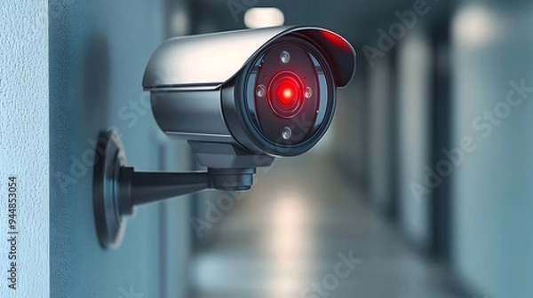 Fototapeta Cutting-Edge Security Monitoring an Office Hallway with Futuristic Digital