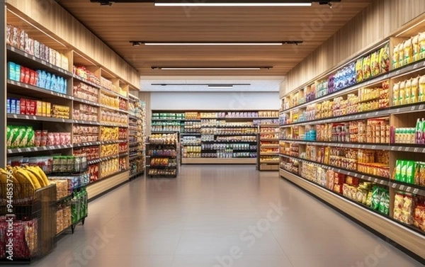 Fototapeta Clean and Stylish Supermarket Aisle with Neatly Arranged Shelves