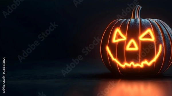 Obraz Eerie Glowing Neon Pumpkin Face in Darkness with Copy Space