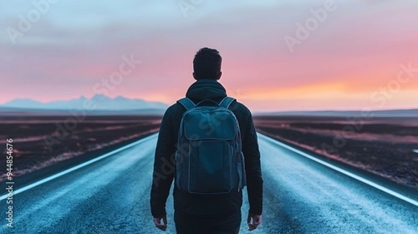 Obraz Solitary traveler journeying down an empty road at dawn,backpack in hand,contemplating the path ahead
