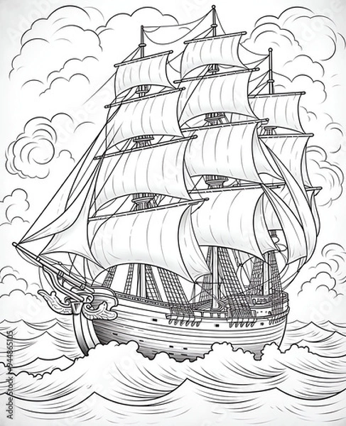Fototapeta A coloring book page showing an old sailing ship with billowing sails on the high seas, surrounded by clouds and waves.