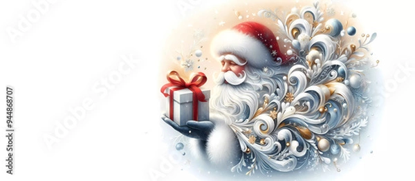 Fototapeta Santa Claus with a white gray beard holds a gift in his hands. Postcard abstraction. Generated AI