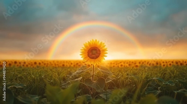 Obraz Single sunflower facing the sun with a glowing rainbow arcing over a vast green field at sunset representing optimism and perseverance