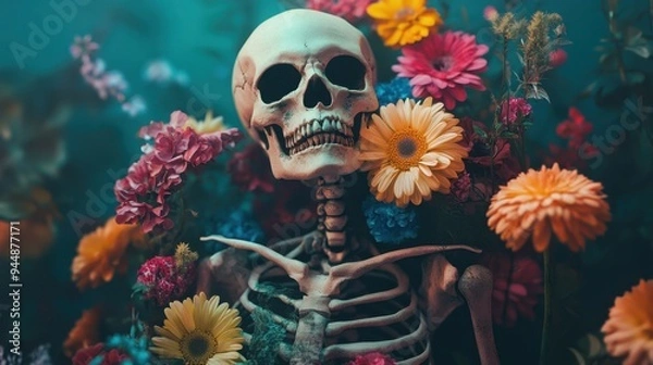 Fototapeta Dark yet beautiful scene of a skeleton entwined with colorful flowers, creating a striking, poetic visual contrast.