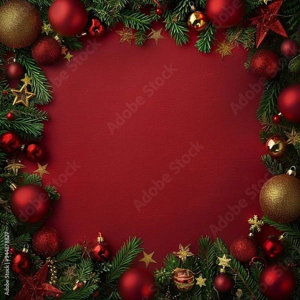 Fototapeta Festive Christmas Background with Pine Branches, Red and Gold Ornaments, Pinecones, and Berries on Red Background with Copy Space