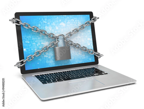 Fototapeta 3d illustration computer security. laptop locked with chains and padlock