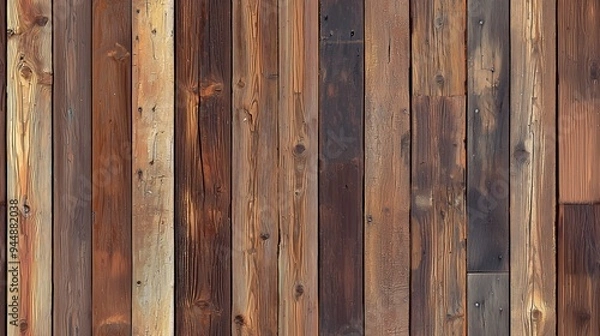 Fototapeta Rustic wooden wall featuring various shades of brown and gray. The planks are arranged vertically with visible knots and grain patterns, showcasing a natural and textured appearance.