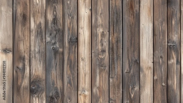 Fototapeta Rustic wooden wall featuring vertical planks with varying shades of brown and gray. The texture shows natural wood grain and imperfections, creating a warm and inviting atmosphere.