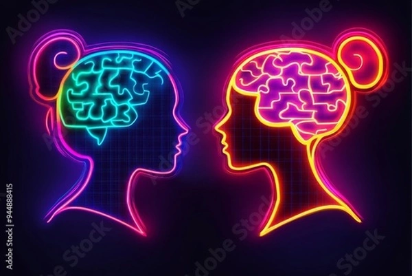 Fototapeta Neon Glowing Brain Silhouettes Depicting the Dynamic Energy of Thought and the Vibrancy of Cognitive Processes