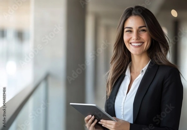 Fototapeta A businesswoman smiling and holding a tablet, with copy space on the left side for text or design