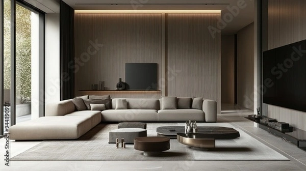 Fototapeta Modern Living Room with Sectional Sofa and Coffee Table
