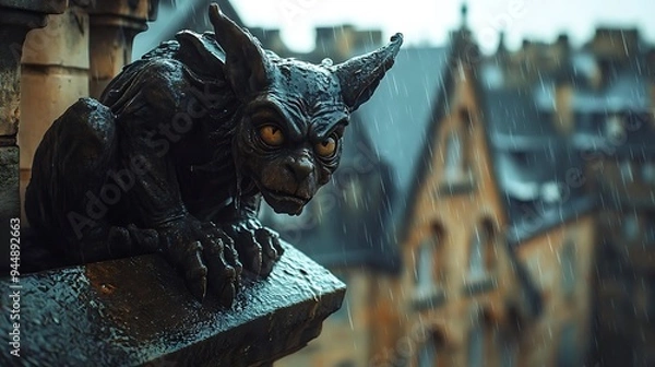 Fototapeta Stone Gargoyle Statue in the Rain - Realistic Photo