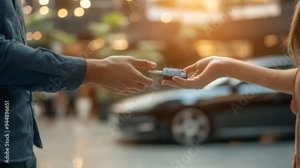 Fototapeta Car Dealership Handover: Young Female Sales Agent Presenting Vehicle Keys to Male Customer. Automotive Purchase, Lease, or Rental Service Concept. Business Transaction in Minimalist Setting for Car De