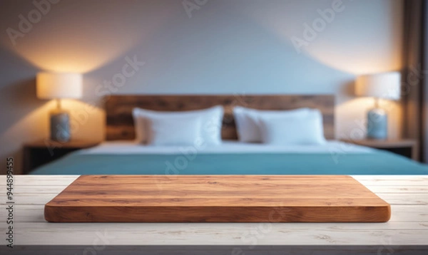 Fototapeta A wooden table with a blurry background of a bedroom with a bed and lamps