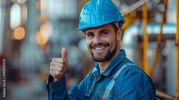 Fototapeta A smiling construction worker in a blue uniform