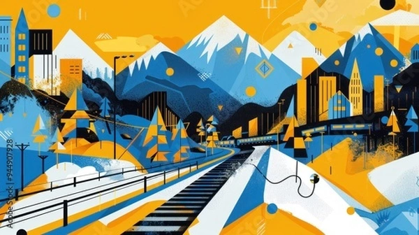 Obraz Colorful abstract geometric landscape with bright circles and urban modernity