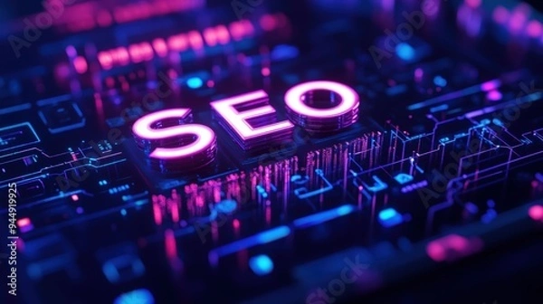 Fototapeta Futuristic digital illustration of SEO text on a circuit board with vibrant neon lighting, representing digital marketing and search engine optimization.