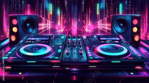 Fototapeta A neon colored DJ set with two turntables and two speakers