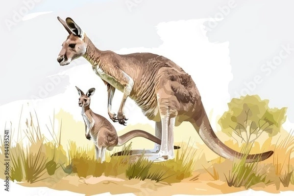 Fototapeta A watercolor illustration of a kangaroo and its joey, set against a natural background with grass and bushes.