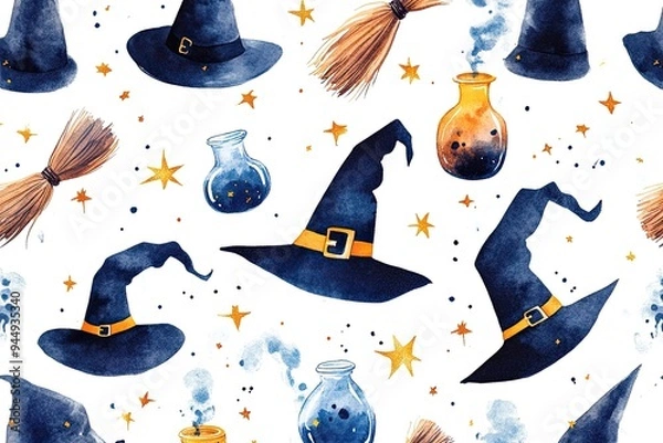 Fototapeta A whimsical pattern featuring witch hats, potions, and brooms, perfect for Halloween or magical themed projects.