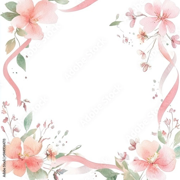 Fototapeta Elegant floral frame with soft pink flowers and ribbons. Perfect for invitations, cards, or creative designs.