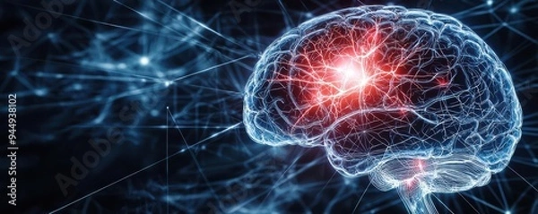 Obraz Digital illustration of stroke impact on cognitive functions, brain with disrupted neural pathways, cerebrovascular, neurology