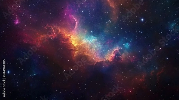 Fototapeta Colorful space backdrop featuring stars and a nebula gas cloud showcasing a 3D rendered science fiction illustration