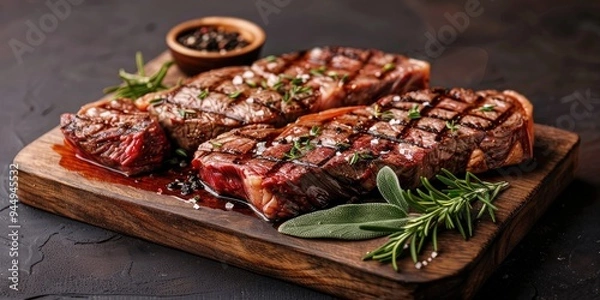 Obraz Herb-seasoned dry-aged ribeye steaks on a modern wooden platter, complemented by black salt and room for additional information.