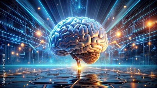 Obraz Futuristic artificial brain with neural networks in a sci-fi landscape, AI, artificial intelligence