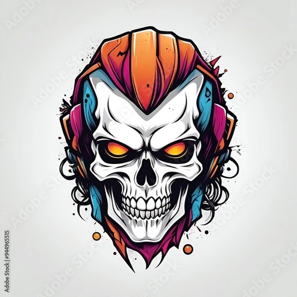 Fototapeta Skull Illustration with Headphones and Splashes of Color