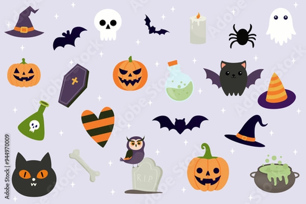 Obraz Cute vector set with Halloween illustrations: pumpkin, ghost, cat, bat, potion, bone, skull, grave slab, coffin, owl, witch hat. flat illustration.